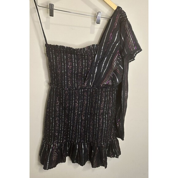 Farm Rio Lurex Stripes Mini Dress Medium NWT Smocked One Shoulder Sparkle - Picture 3 of 8